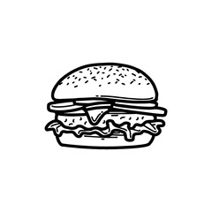 Hand drawn vector burger outline with cheese, tomato, sauce, and beef. Black and white doodle sketch for restaurant branding, menu design, packaging, and vintage or retro food illustrations.