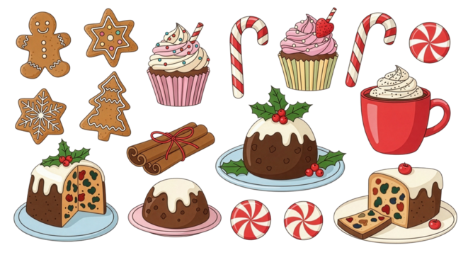 Christmas Food and Holiday Sweets Vector Set with Gingerbread and Pudding 2
