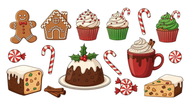 Christmas Food and Holiday Sweets Vector Set with Gingerbread and Pudding 1