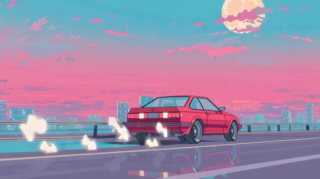 Retro Pixel Art Car Driving Towards a Vaporwave Cityscape