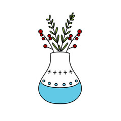 A blue vase with white trim and a red flower in it