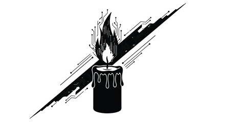 Burning candle with digital circuit flames symbolizes technological innovation and inspiration