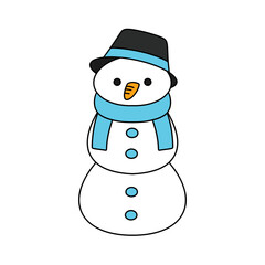 A cartoon snowman wearing a blue scarf and hat