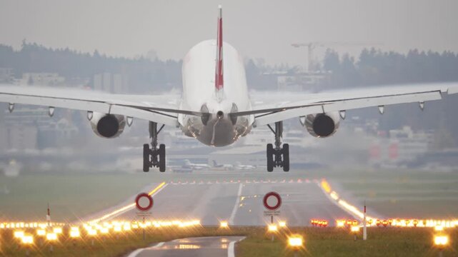 Rear long shot footage of a large, intercontinental commercial passenger plane moments before touchdown. Real time, super telephoto footage, foggy autumn weather, illuminated runway