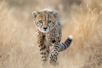 A baby cheetah cub exploring the vast savannah landscape, its golden and black spotted fur glowing in the sun, with large expressive eyes full of curiosity and life in the natural wilderness setting.