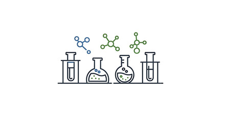 Illustration of laboratory glassware, including beakers and test tubes, with molecular structures above, representing scientific research and experimentation.