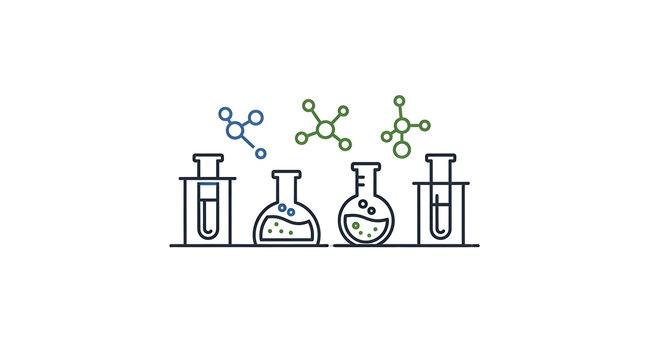 Illustration of laboratory glassware, including beakers and test tubes, with molecular structures above, representing scientific research and experimentation. - Powered by Adobe