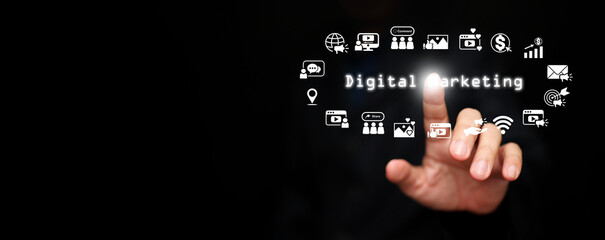 Businessman touching virtual digital marketing text and icons, representing online advertising, market advertisement, social media strategy, and global internet communication technology.