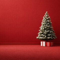 Festive Christmas tree in a minimalist red room with snow-dusted branches and gifts.