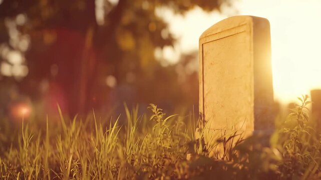 Old gravestone in a cemetery with green grass during a warm sunset or sunrise. Remembering the dead and memorializing the deceased concept.
