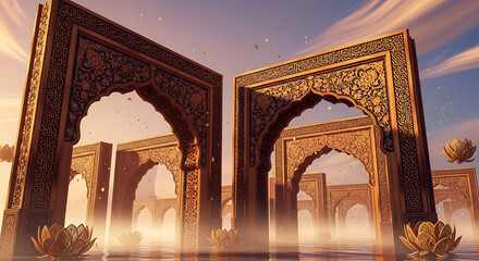Ornate golden archways with intricate carvings stand in a misty, ethereal landscape with floating lotus flowers.