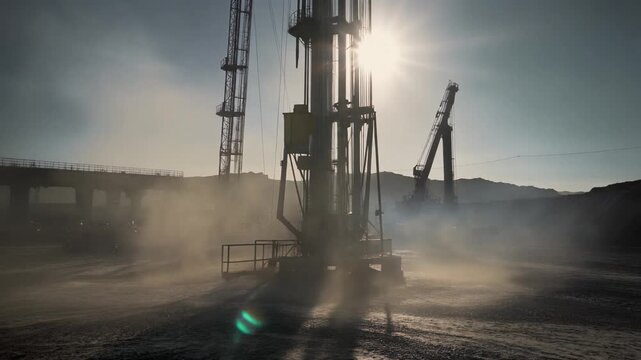 shot of the Tyndall effect during drilling operations, sunlight scattering through