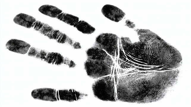 Distinctive black handprint with detailed fingerprints on a clean white background symbolizing identity and uniqueness