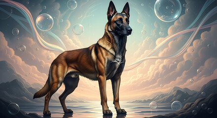 A majestic Belgian Malinois dog stands proudly in a surreal, dreamlike landscape with floating bubbles.