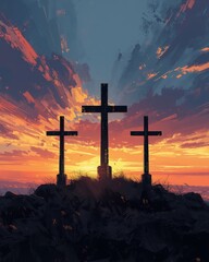 Three crosses silhouetted against a dramatic sunset sky