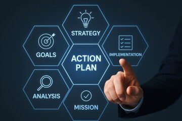 Fototapeta premium Business professional selecting key components of an action plan, emphasizing strategy, goals, implementation, and mission in project management. Concept of effective planning and execution.
