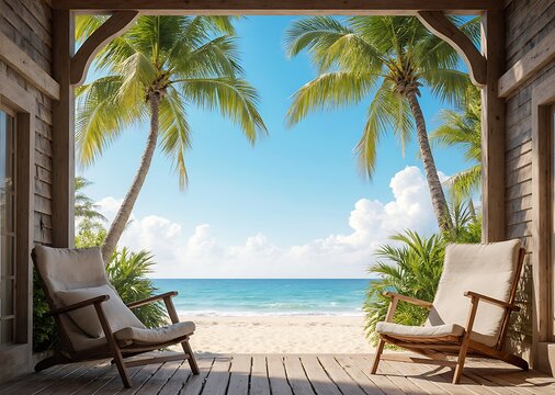 Tropical wood deck chairs for beach vacation relaxation overlooking ocean water and sand.