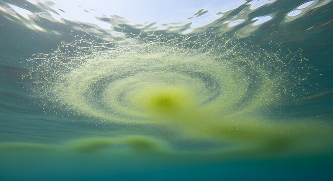 Microscopic algae forming a swirling bloom on calm ocean surface, showing nutrient-driven phytoplankton accumulation and early eutrophication pattern in coastal waters.