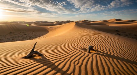 Breathtaking desert sunrise with golden light illuminating majestic sand dunes and casting long, intricate shadows across the rippled sand, highlighting a weathered piece of wood