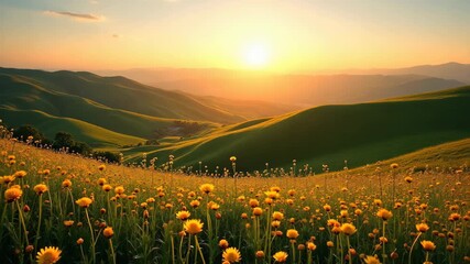 Sun rising over blooming flower field, golden sunlight illuminating vast rolling green hills covered in yellow daisies in a serene valley landscape - Powered by Adobe