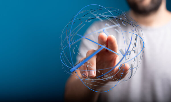 A person touching a digital globe representing connectivity, global business, and technology. Ideal for illustrating innovation, communication a