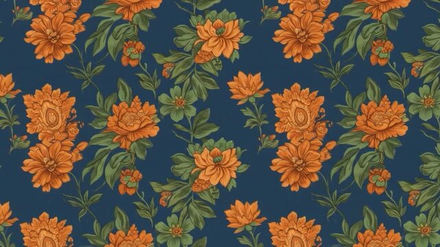 A repeating pattern of lush orange flowers and green foliage on a dark blue background