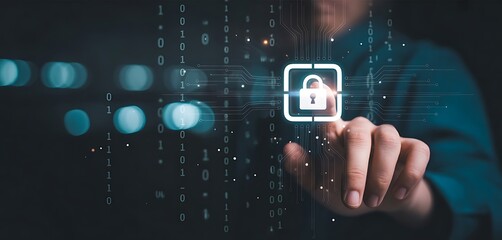 Businessman touching virtual master key with binary number code for identity and access password ,technology security system and prevent hacker concept. security system and prevent