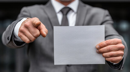 Confident businessman points and holds blank card ready for your message professional corporate communication concept