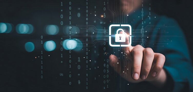 Businessman touching virtual master key with binary number code for identity and access password ,technology security system and prevent hacker concept. security system and prevent
