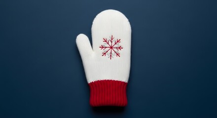 Charming knitted white mitten with a delicate red snowflake, symbolizing warmth and festive holiday spirit for winter seasons