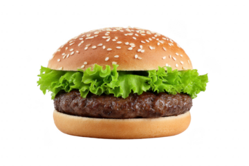Juicy beef burger with fresh green lettuce, sesame seed bun, and classic fast food style, perfect for lunch or dinner, isolated on transparency background