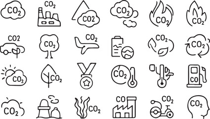 CO2 Emission and Climate Change Line Icons Set