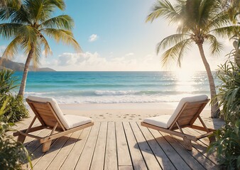 Wooden beach chairs under palm trees view tranquil ocean paradise scenic sunlight escape