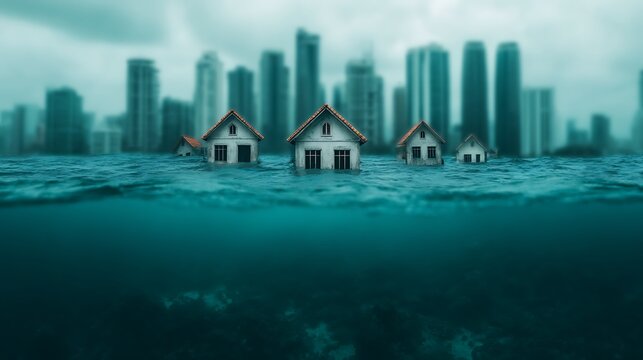 A surreal scene showing houses partially submerged in water with a city skyline in the background, highlighting themes of flooding and environmental change.