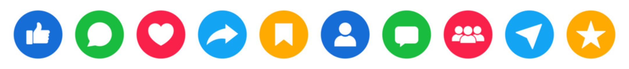 Like, comment, love, heart, share, repost, save, thumb up, favorite, user button sign in circle. Social media icon set