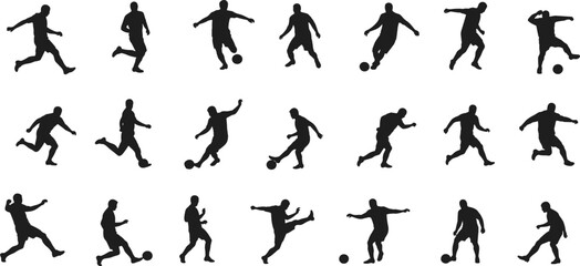 Soccer silhouettes, football action poses, kicking, dribbling, running, athlete movements, sports training, dynamic motion, black figures, isolated, vector art