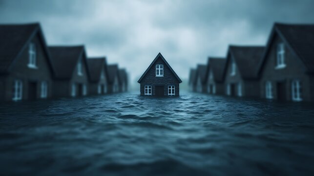 A solitary house surrounded by floodwaters, creating a dramatic and eerie atmosphere.