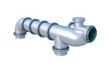 Industrial metal pipe with flanges, curved and straight sections, isolated on transparency background, used for fluid transport in factories, engineering, or plumbing systems