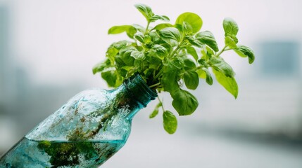 Fresh Green Basil Plant Growing in Recycled Plastic Bottle for Eco-Friendly Gardening Ideas and Sustainable Living Concepts