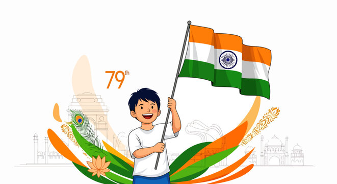 Celebrating 79th Indian Independence Day with a joyful boy holding the vibrant Indian flag, national symbols, and landmarks