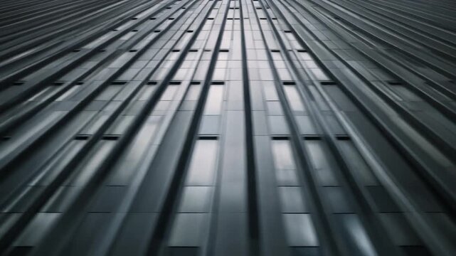 Close up shot of a metal roof with repeating parallel lines and small rectangular windows visible