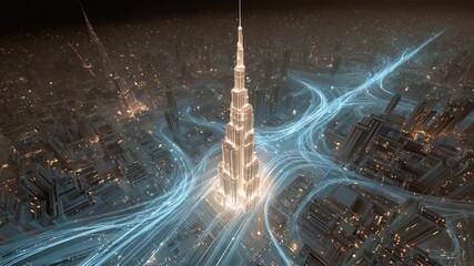 Aerial view of a futuristic smart city at night, showcasing a towering, illuminated skyscraper with streams of digital data flowing through its streets, representing connectivity and progress 4k - Powered by Adobe