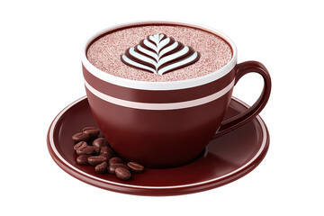 Hot chocolate cup with latte art, brown ceramic mug and saucer, cocoa powder topping, coffee beans on plate, warm cozy drink, inviting and comforting atmosphere