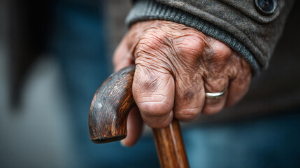 Close-up of weathered elderly hand gripping a vintage wooden cane symbolizing strength and experience