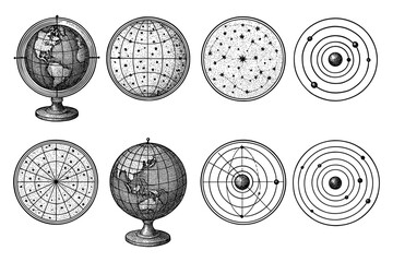 Vintage astronomy set: globes, star maps, and celestial charts in retro style