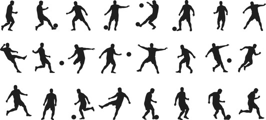 Soccer player silhouette, football action poses, dribbling, kicking, passing, sports movement, athlete icon, training, black figure, white background