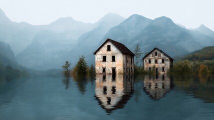 Obraz premium A serene landscape featuring two abandoned houses partially submerged in calm water, surrounded by mountains and mist.