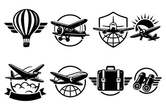 Vintage aviation icons set featuring aircraft, hot air balloon, and travel elements in bold black and white stylized designs