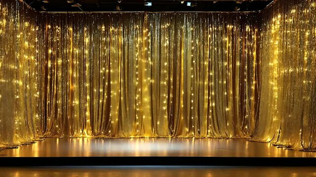 Stage with shimmering golden curtains and reflective floor, bathed in light
