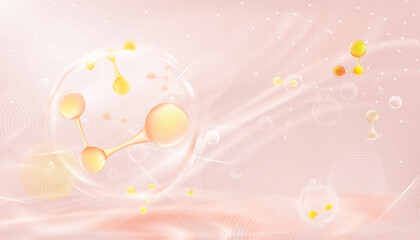 Fototapeta premium Soft pink abstract background with glowing 3D molecules. Perfect for skincare, cosmetics, collagen concept, beauty science, biotech presentations, and medical or health product advertising.